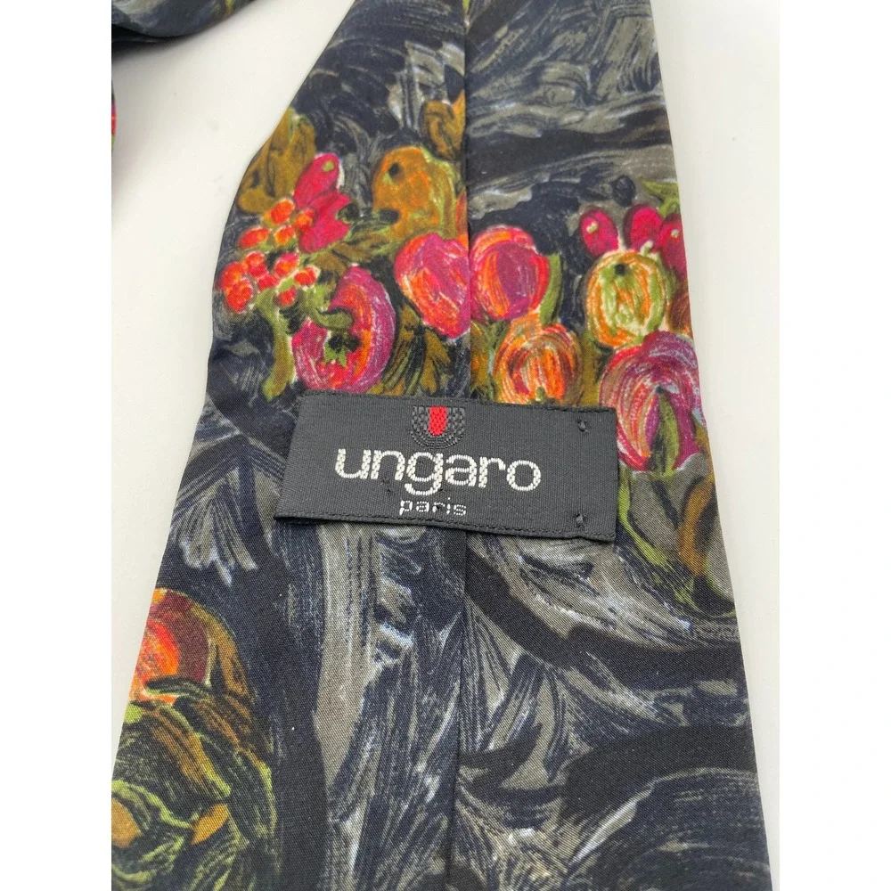 Ungaro Paris Mens Silk Tie Italy Fruit Floral Painterly Charcoal Multicolor